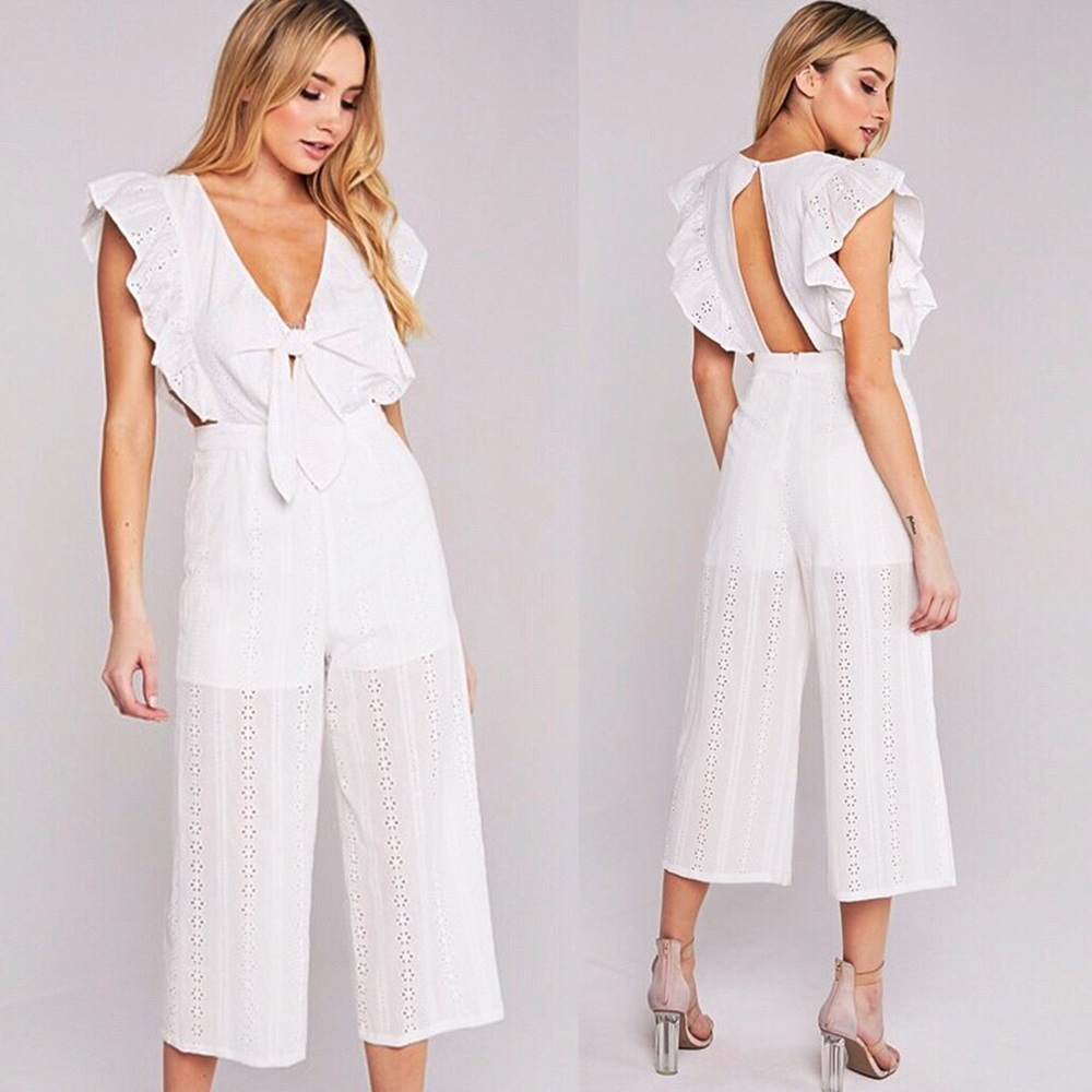 NEW! White Ruffle Sleeve Eyelet Lace Jumpsuit - Picture 2 of 9